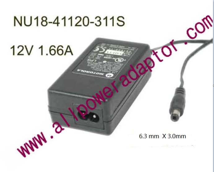 Motorola NU18-4120166-I3 AC Adapter 5V-12V 12V 1.66A, Barrel 6.3/3.0mm, 2-Prong - Click Image to Close